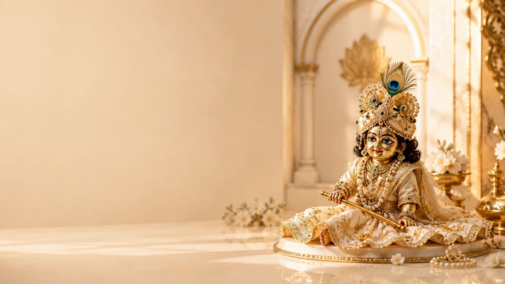 Premium devotional Laddu Gopal shringaar arranged in a warm Vraj inspired setting